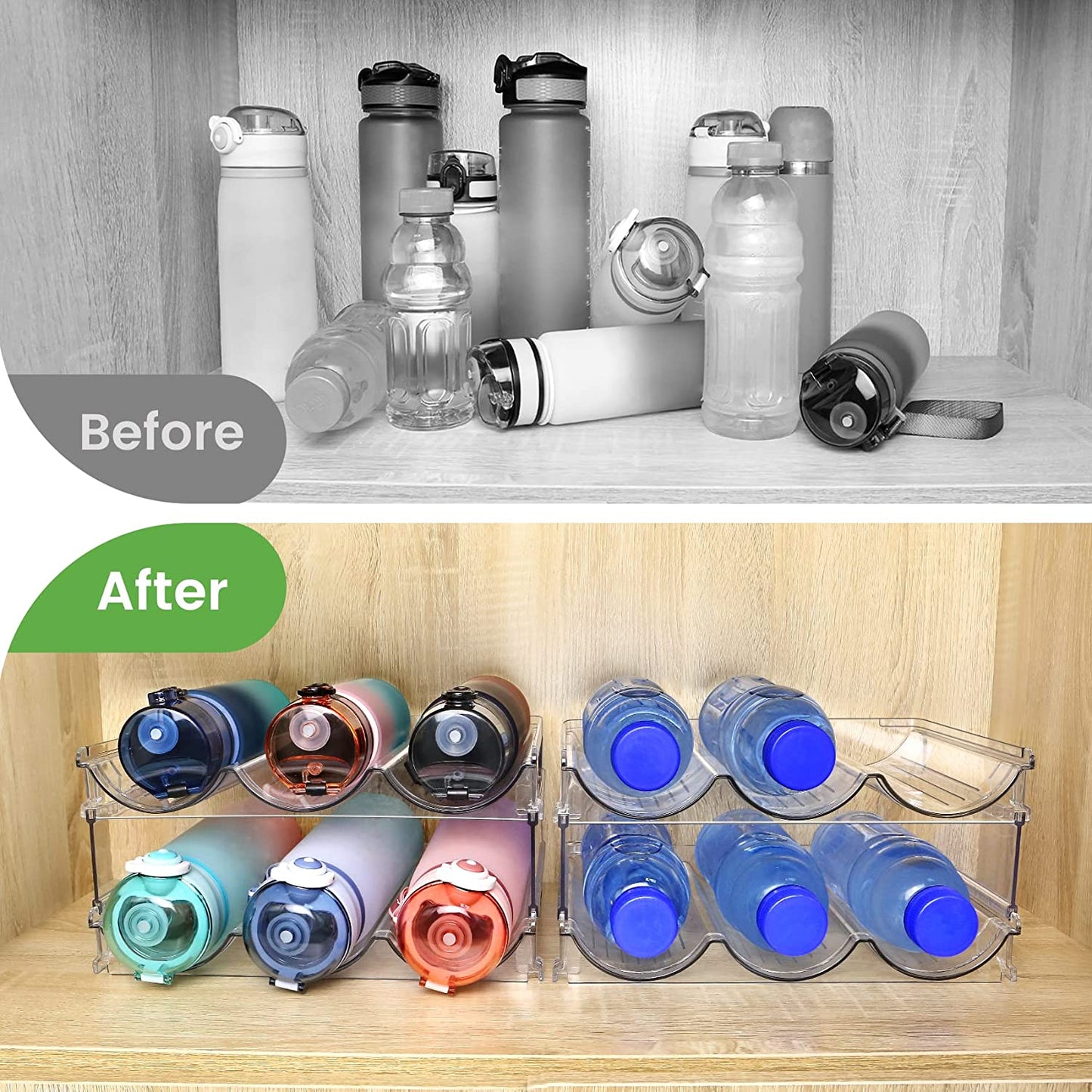 Water Bottle Storage Organizer Set - Cabinet Rack for Efficient Water Bottle Management, Stackable Design, 2-Pack