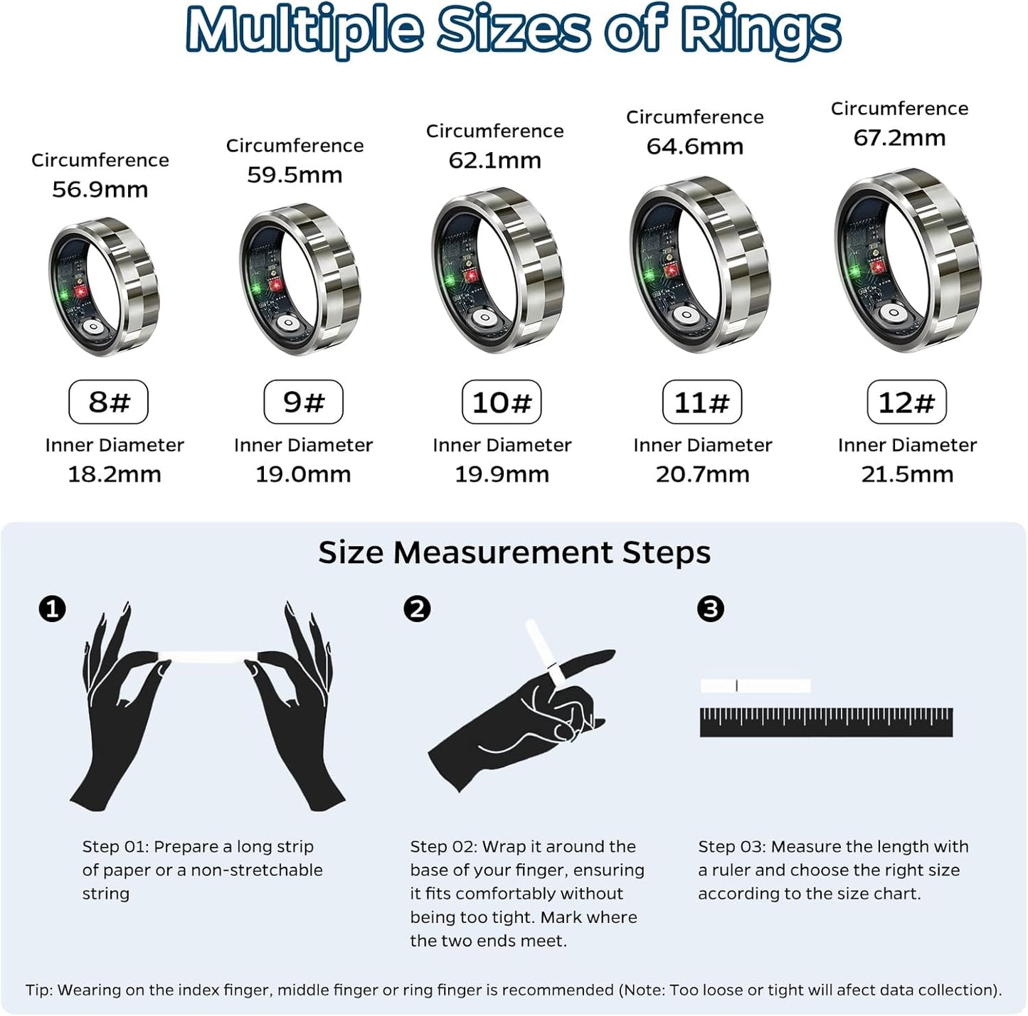 Smart Health Tracking Ring with Sleep Monitoring, Heart Rate Measurement, Waterproof Design, Activity Tracking (Steps, Distance, Calories), Air Gesture Control, Up to 7-Day Battery Life, Compatible with iOS and Android (Stylish Silver#8)