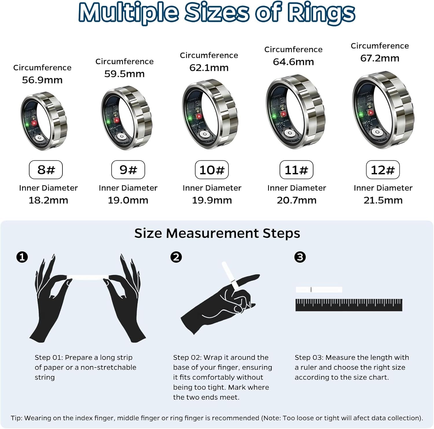Smart Health Tracking Ring with Sleep Monitoring, Heart Rate Measurement, Waterproof Design, Activity Tracking (Steps, Distance, Calories), Air Gesture Control, Up to 7-Day Battery Life, Compatible with iOS and Android (Stylish Silver#8)