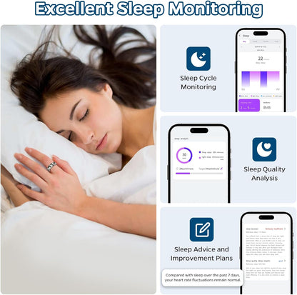 Smart Health Tracking Ring with Sleep Monitoring, Heart Rate Measurement, Waterproof Design, Activity Tracking (Steps, Distance, Calories), Air Gesture Control, Up to 7-Day Battery Life, Compatible with iOS and Android (Stylish Silver#8)