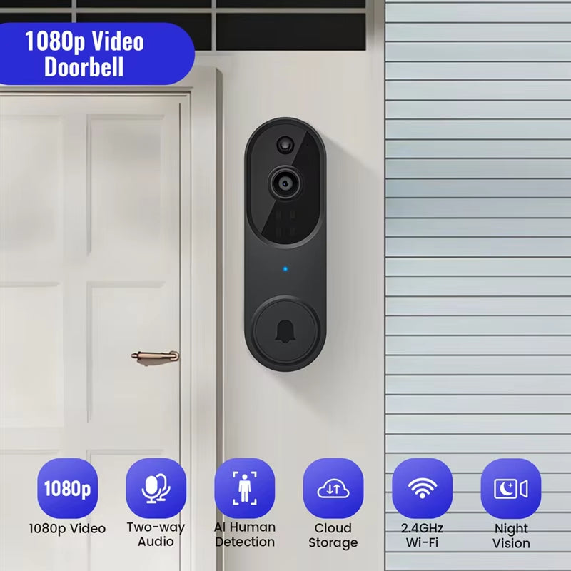 ABMO US PLUG,1080P Wireless Video Doorbell Camera,Chime Ringer with Live View,2-Way Audio,2.4G Wifi,Night Vision