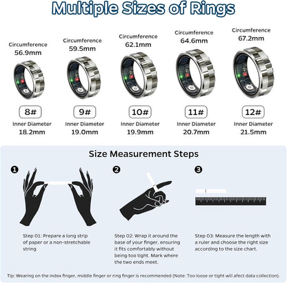 Smart Health Tracking Ring with Sleep Monitoring, Heart Rate Measurement, Waterproof Design, Activity Tracking (Steps, Distance, Calories), Air Gesture Control, Up to 7-Day Battery Life, Compatible with iOS and Android (Stylish Silver#8)